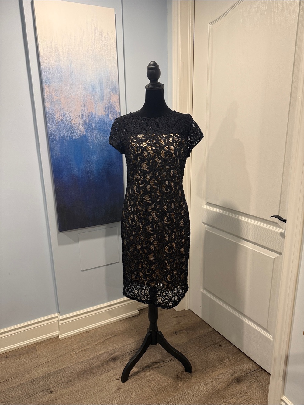 Scarlett Black Lace Midi Dress with Nude Underlay